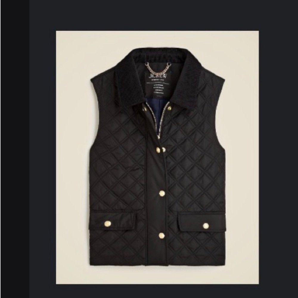 J. Crew Black Quilted Barn Vest with Gold Accents